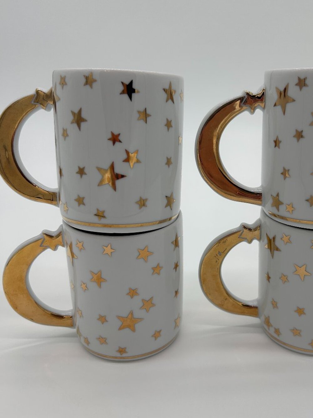 Vintage Set Of 4 White Gold Celestial "Moon and Stars” Coffee Mugs